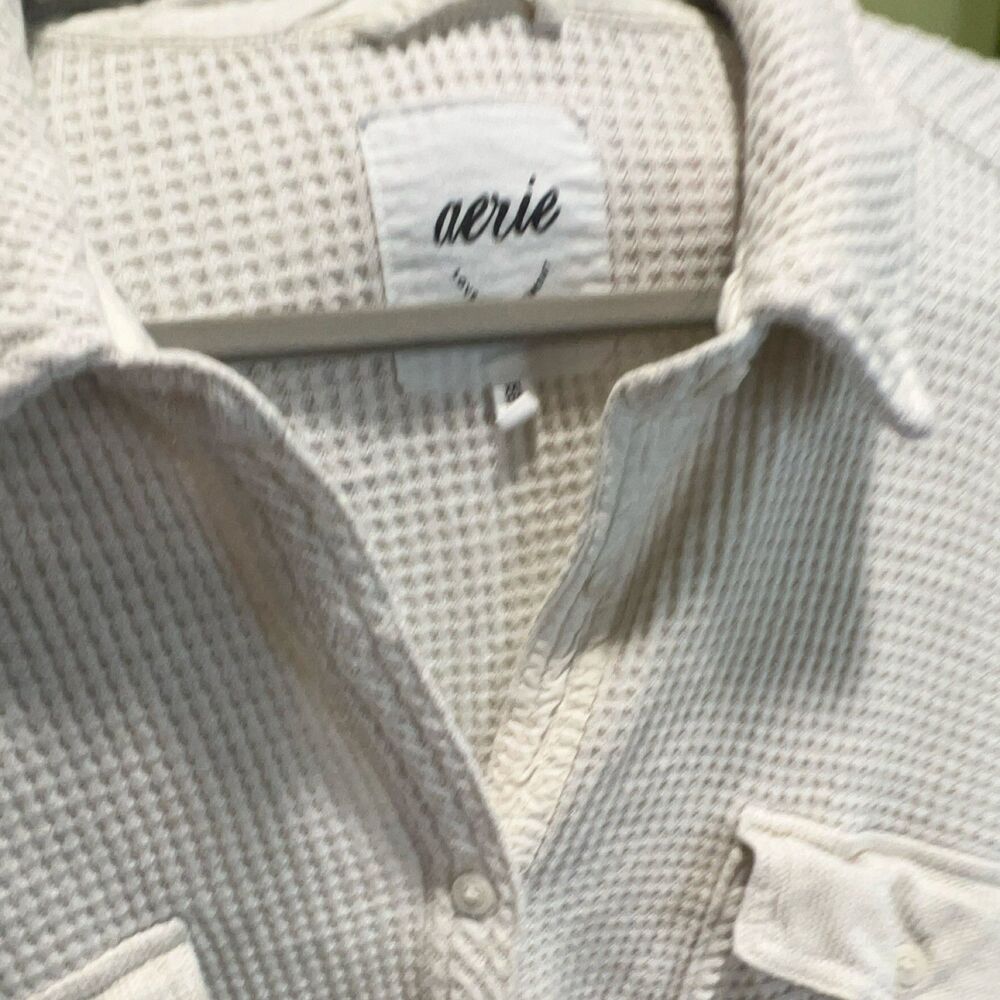 Aerie Women XXL White Long Sleeve Collared Knit Shirt Button Pockets Relaxed - Picture 6 of 6